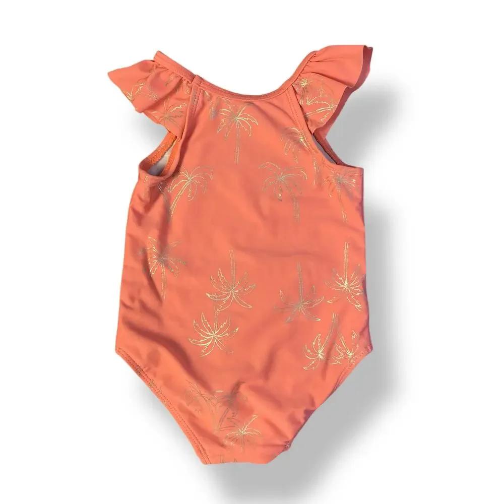 Tea Collection Girls Coral Pink Palm‎ Tree Ruffle One Piece Swim Suit Size 2T